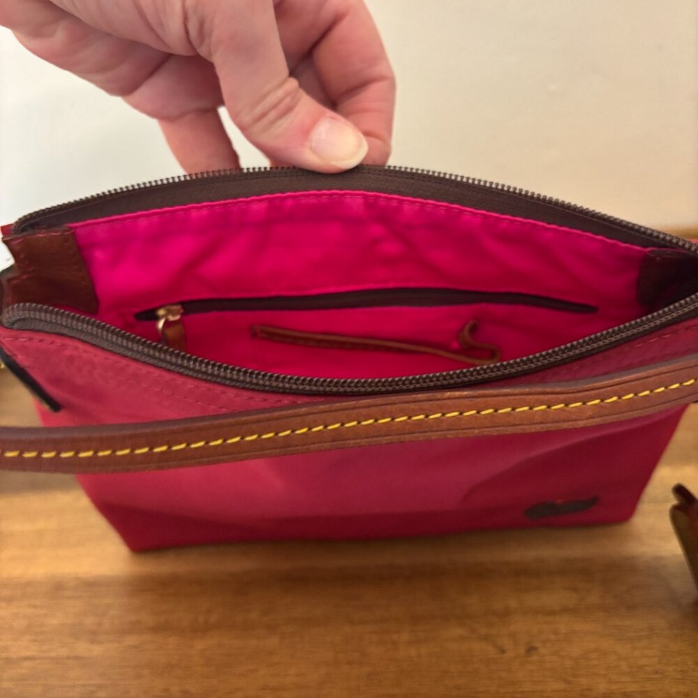 Dooney & Bourke Red Nylon Brown Leather Pouchette Mini Bag - Picture 10 of 12